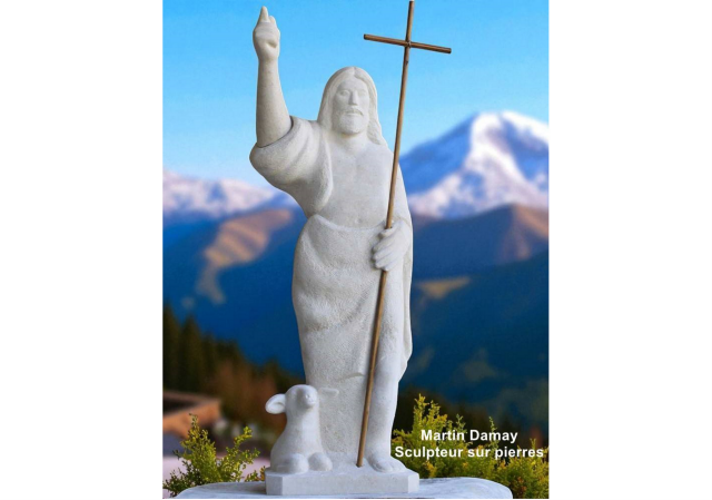 Statue de st Jean Baptiste préchant, en pierre