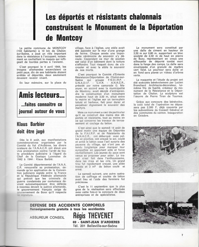 Article publié dans le n°11 du 3ème trimestre 1971 du Bulletin de l'Association Nationale des Anciens Combattants et Amis de la Résistance - Lieu n°24